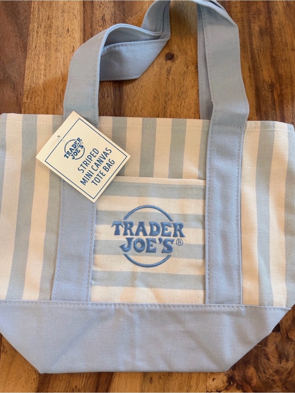 Trader Joe's Striped Mini Canvas Tote Bag in Light Blue and Cream